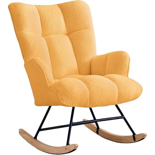 Rocking Chair Nursery Teddy Upholstered Glider Rocker Rocking Accent Chair Padded Seat with High Backrest Armchair Comfy Side Chair for Living Room Bedroom Offices (Yellow Teddy)
