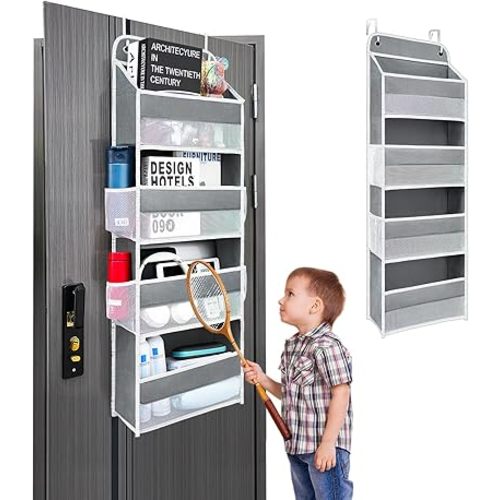 4 Shelf Over The Door Organizer with 4 Side Mesh Pockets, 44lb Weight Capacity Hanging Behind The Door Storage Suitable for Storing Toys, Shoes, Towels