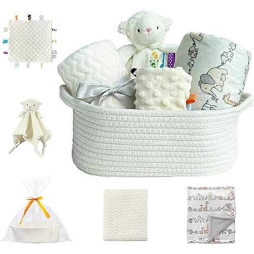 CREVENT Baby Welcome Gift Set Storage Basket with Two Blankets+ A Security Blanket + A Taggie + A Gift Bag with Ribbon (Ivory)