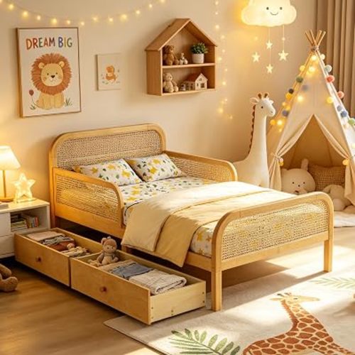 Platform Bed Twin Size with 2 Storage Drawers and Guardrails, Wooden Bed Frame with Headboard and Footboard, Modern Boho Rattan Bed for Kids Boys Girls, No Box Spring Needed, Natural