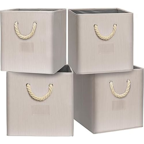SIMPLE HOUSEWARE 11-Inch Cube Storage Bin With Braided Handles, 4 Pack, Ivory