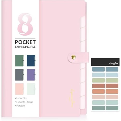 Sooez Elegant Accordion File Organizer with Labels, 8 Pocket Expanding File Folder, Portable Folders for Documents, Cute Paper Organizer for School Office Supplies, Letter Size, Blush