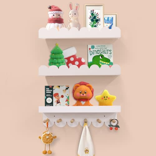Floating Nursery Book Shelves for Wall, 16'' Wood Book Shelf for Baby Boys Girls Bedroom Bathroom and Décor Storage, Wall Shelf for Books, Plants, Toys, Photo Frames (White-Wooden Pegs, 3 Pack)