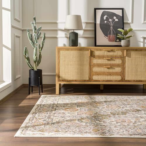 BoutiqueRugs Herstmonceux Boho Vintage Colorful Area Rug - Farmhouse Traditional Floral Rug for Living Room, Bedroom - Cream, Green, Sage, Red, Gray, Taupe, Coral - 6'7" Square