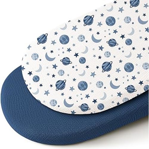 Konssy Muslin Fitted Bassinet Sheets 2 Pack for Baby Girl Boy, Soft Breathable Baby Bassinet Sheets Fit for Baby Bassinets, Cradle, Moses Basket Oval Rectangle Pad/Mattress (Planet,Navy)