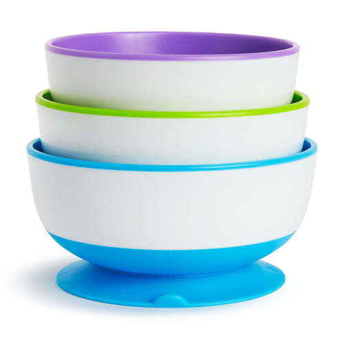 Munchkin Stay Put Suction Round Bowls, Plastic, Multi-Color, 3 Pack