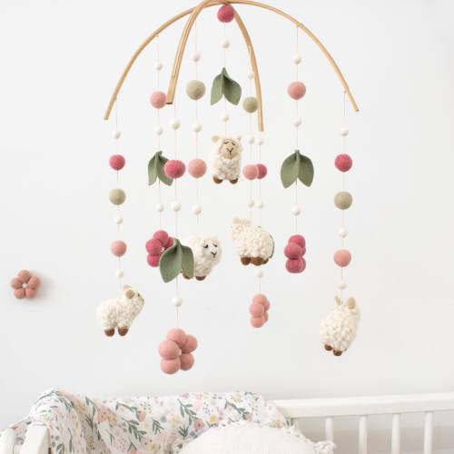 Sheep and blush flower fields arch mobile, sweet baby girl nursery, flower mobile, sheep mobile, nursery decor.