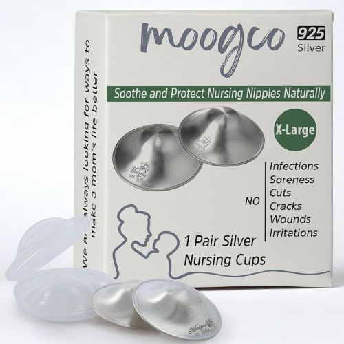 Moogco The Original Silver Nursing Cups - Nipple Shields for Nursing Newborn - Breastfeeding Essentials - Newborn Essentials Must Haves - Nipple Covers Breastfeeding - 925 Silver (X-Large)