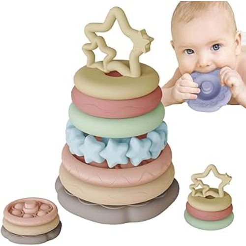 Sensory Baby Teething Toys, Stacking Rings Toys for 1 2 One Year Old, 7 Piece Teether Set Baby Girl Boys Shower Gifts, Newborn Essentials for 6-12-18 Months, Infant Developmental Montessori Toys