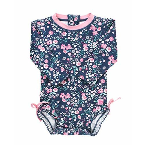 RuffleButts Baby Girls UPF 50+ Sun Protection Floral Printed Long Sleeve One Piece Rash Guard Swimsuit with Zipper