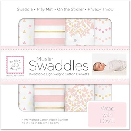 SwaddleDesigns Cotton Muslin Swaddle Blankets, Set of 4, Receiving Blankets for Baby Boys & Girls, Best Shower Gift, 46x46 inches, Pink Floral