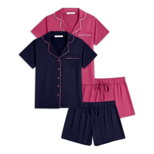 Ekouaer 2 Pack Womens Pajamas Set Button Down Summer Sleepwear Short Sleeve Comfy Pjs Loungewear Set