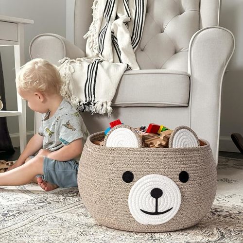 CherryNow Baby Basket for Nursery, Bear Gift Baskets for Kids, Baby Shower Basket with Handles, Small Cute Animal Baskets, Light Brown, 15.7" D x 10.5" H