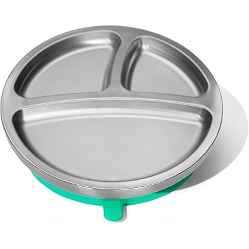 Avanchy Baby Plates with Suction – Stainless Steel Divided Plates for Toddlers, BPA-Free, Dishwasher Safe, Unbreakable, Non-Toxic, 100% Silicone Suction – Green