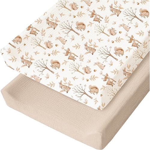 Konssy 2 Pack Muslin Changing Pad Cover for Baby Girls Boys 100% Cotton Fitted Diaper Changing Table Cover Set, Soft Changing Pad Sheets (Fall Forest,Wheat)