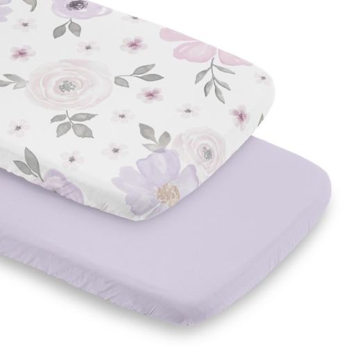 Sweet Jojo Designs Girl Baby Bassinet Fitted Sheets Set Watercolor Floral Purple Pink And Grey 2pc