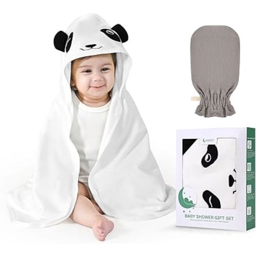 Hooded Baby Towel for Newborn - Viscose Derived from Bamboo, Toddler Bath Towel and Glove Set Perfect Shower Gifts for Boys and Girls, 28"x28" Inch (Panda)