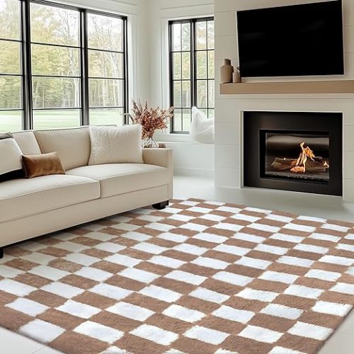 Checkered Rug 5x8 for Living Room, Beige and White Modern Shag Rug Super Soft Washable Indoor Fuzzy Carpet Non-Slip Fluffy Rugs for Bedroom Home Aesthetic Decor