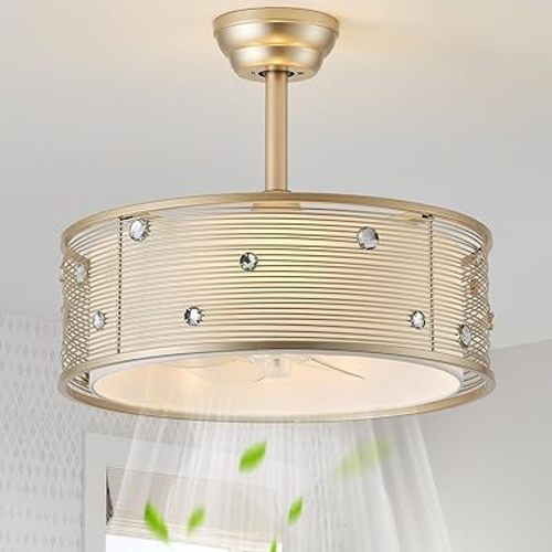 20" Gold Fandelier Ceiling Fan with Light, Gold Chandelier Ceiling Fans with Lights Remote Control, Caged with 6 Speeds for Bedroom, Living Room, Nursery
