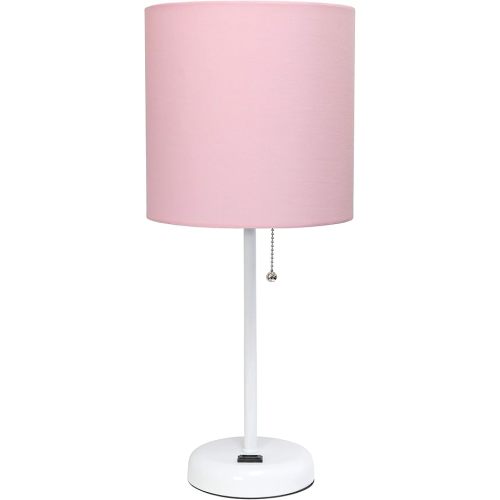 Simple Designs LT2024-POW White Stick Table Desk Lamp with Charging Outlet and Drum Fabric Shade, Light Pink
