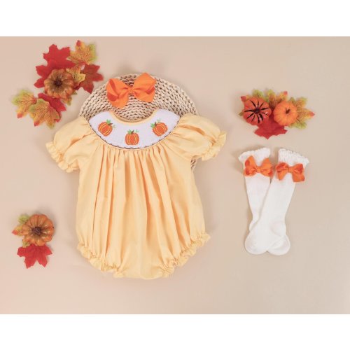 Halloween Romper,Smocked Pumpkin Bubble in Yellow,Toddler Girls Clothing,Heirloom Embroidered Romper, Thanksgiving, Fall Outfit, Fall Romper