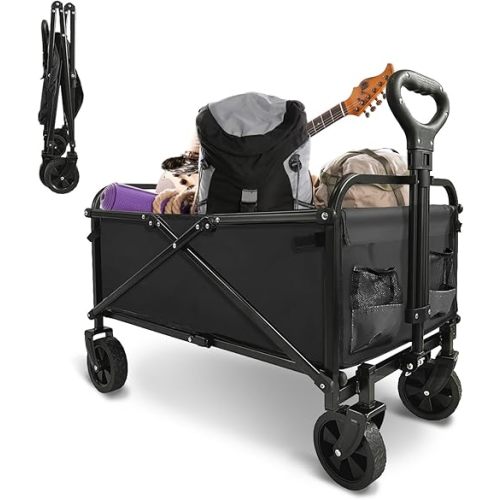 Collapsible Foldable Wagon, Beach Cart Large Capacity, Heavy Duty Folding Wagon Portable, for Outdoor Sports, Shopping, Camping, Black