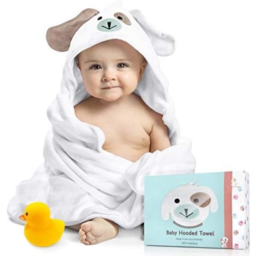 Foreverpure Baby Hooded Towel 100% Organic Bamboo Cotton, Super Absorbent, for Boys and Girls. Ultra Soft, X-Large, 35 x 35 inches. Perfect with Washcloth and Greeting Card (White)