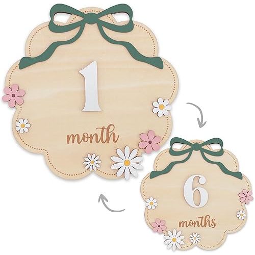 Wooden Baby Monthly Milestone Sign Set with Pink Bow, 1–12 Month Cloud Shape Photo Prop, Floral Baby Girl Growth Tracker Nursery Decor (Matte Sage)