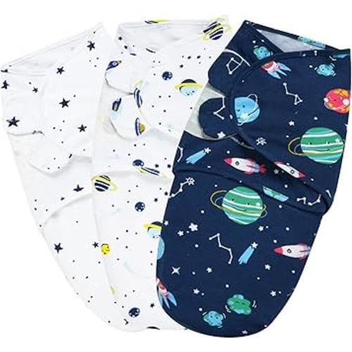 PHF 100% Cotton Baby Swaddle Sleep Sacks for Newborn, 3 Pack Baby Swaddles 0-6 Months for Baby Boys and Girls, Swaddle Sack Easy Adjustable, Baby Swaddle Blanket Wrap, Baby Essentials (Space)