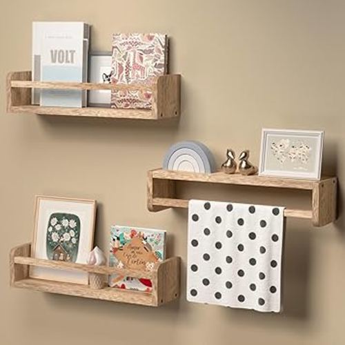 Floating Shelves Set of 3, Wall Mounted Nursery Bookshelf for Kids Room Storage, Wood Floating Shelves for Wall, Baby Book Shelves for Kids Bedroom Toddler Room Decor - Rustic Brown