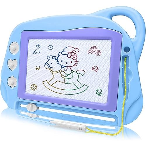 AiTuiTui Magnetic Drawing Board Mini Travel Doodle, Erasable Writing Sketch Colorful Pad Area Educational Learning Toy for Kid/Toddlers/Babies with 3 Stamps and 1 Pen (Sky Blue)