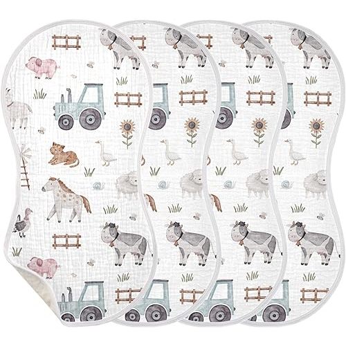 Burbuja Farm Animals Muslin Baby Burp Cloths, Soft & Absorbent Cotton Burping Rags for Newborn Boys & Girls, 4 Pack