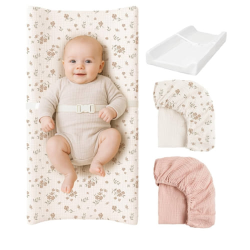 Konssy Muslin Changing Pad with Waterproof Lining Foam, Includes 2 Pack Soft & Cotton Cover, Baby Diaper Changing Pad for Dresser or Table, 32x16 inches (Blossom,Pink)