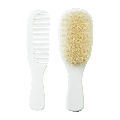 Mininor Comb & Brush Set Baby Soft Natural Bristles Hair Care - White | Baby Bunting AU