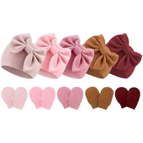 Newborn Baby Hats and Mittens Set Infant Bow Beanie Cap Toddler Gloves Newborn Hospital Hats for Baby Boy Girl 0-12 Months