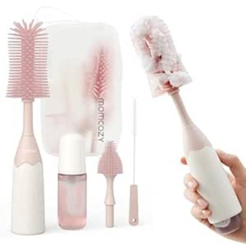 Momcozy Bottle Brush Kit, Innovative Push-Press Design for Better Cleaning - Baby Bottle Cleaner Brush for Baby Bottle, Breast Pumps, Nipples, and More - Can Generate Foam for Better Cleaning, Pink