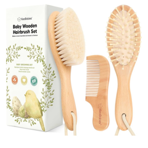 Baby Hair Brush and Comb Set for Newborn - Wooden with Soft Goat Bristle, Newborns Girl, Boy, Toddler Cradle Cap (Oval, Walnut)