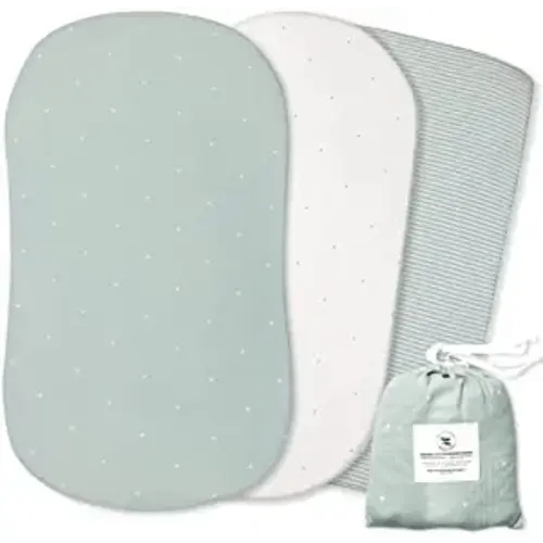 POPPI & MAX 100% Organic Cotton Bassinet Sheets for Boy Girl | 3-Pack Premium Jersey Bassinet Sheet Set | Fitted Baby Sheets for Standard Bassinet Pads | Bassinet Cover | Misty Sage, Star Spot Stripe