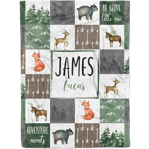 MDPrints Personalized Baby Blankets for Boys - Customized Baby Blanket with Name - Newborn Nursery Gift - Soft Plush Fleece (Woodland 214)