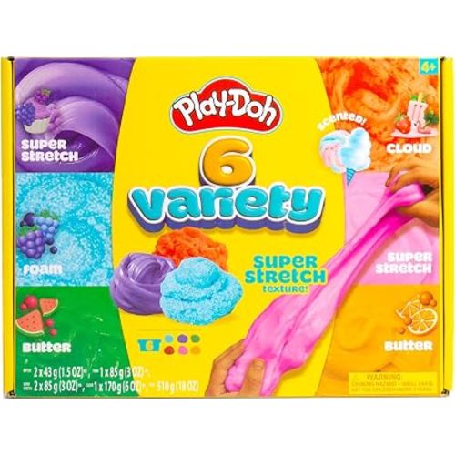 Play-Doh Scented Slime Variety Pack, 6-Pack Variety, Super Stretch, Foam, Butter & Cloud Slime (Strawberry, Grape, Cotton Candy, Blue Raspberry, Watermelon, Citrus Scented), Gifts and Party Favors