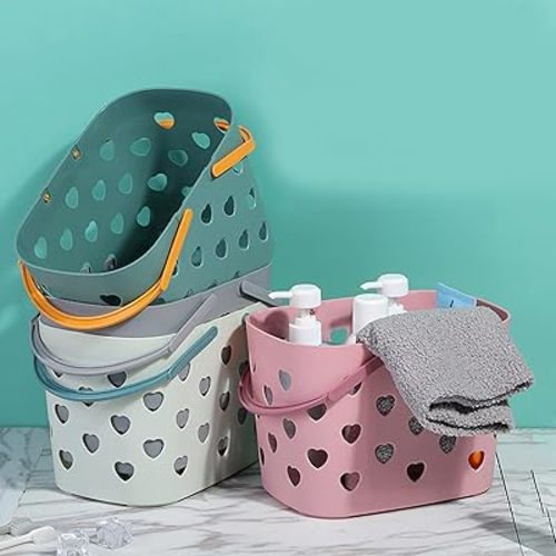 Green Plastic Storage Basket with Handles, Hollow Shower Basket with Holes, Bathroom Organizer, Toiletry Bag, Perfect for Shampoo, Conditioner, Face Wash, Gym, Camping, Shower, Garden