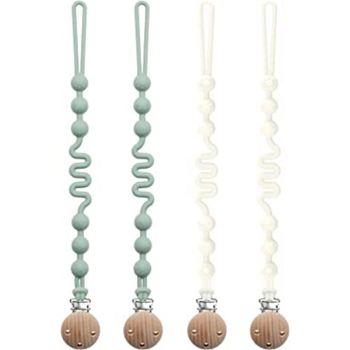 Silicone Pacifier Clip with Adjustable Spring, 4 Pack Extra Long Pacifier Holder Clips for Baby Boys and Girls, Seposeve Soft Flexible Pacifier Leashes with 3 Textures, 2 Green + 2 White
