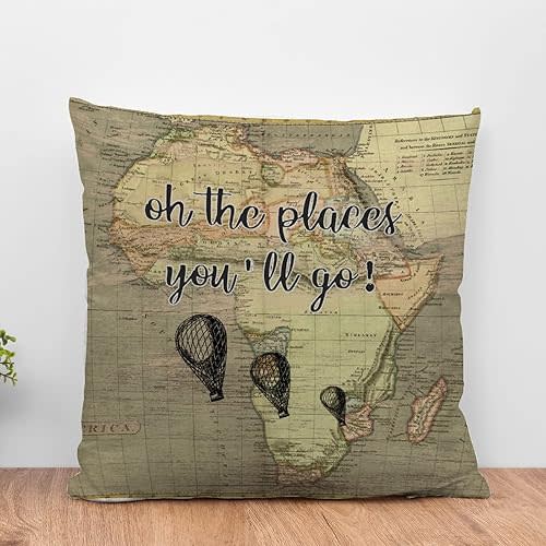 Vintage Map Nursery Decor Modern Cushion Cover Oh The Places You'll Go Hot Air Balloon Pillow Covers Vintage United States Map Travel Adventure Pillowcase for Car Chair Sofa 18x18in