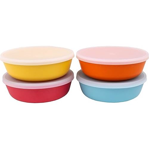 WeeSprout Bamboo Kids Bowls with Lids, Set of Four 15 oz Kid-Sized Bamboo Bowls, Bamboo Kid Bowls with Lids for Leftovers, Dishwasher Safe (Blue, Yellow, Orange, & Red)