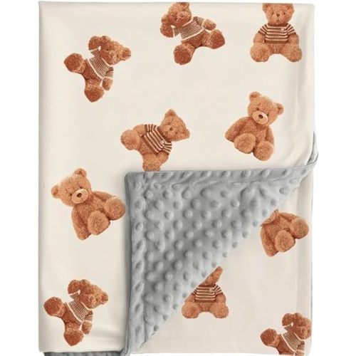 FIGEPO Bear and Buffalo Check Plaid Baby Blanket Gender Neutral Blankets for Newborn Baby Girls or Boys Nursery Toddler Double Layer Blanket with Dotted Backing and Bear Printed (Bear1)