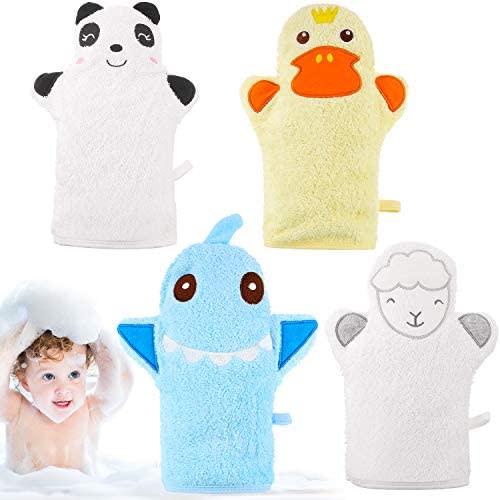 4 Pieces Baby Bath Mitt Washcloths Gloves Designed in Nice Cute Animal Style Yellow Duck Shark Panda Sheep Towel Gentle Scrub for Baby Toddler Kids Bath and Shower