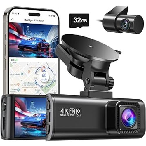 REDTIGER Dash Cam Front Rear, 4K/2.5K Full HD Dash Camera for Cars, Free 32GB Card, Built-in Wi-Fi GPS, 3.16” IPS Screen, Night Vision, 170°Wide Angle, WDR, 24H Parking Mode