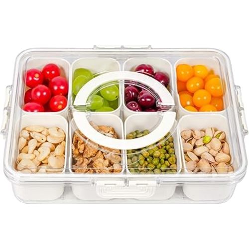 Divided Serving Tray with Lid and Handle, Snackle Box Charcuterie Container Portable for Snack Platters Reusable Clear Organizer 8 Compartments for Candy, Fruits, Nuts Perfect for Party Entertaining