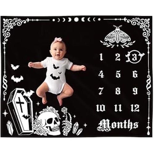 Gothic Baby Monthly Milestone Blanket, Goth Girl Boy Baby Shower Growth Chart Photo Prop Stuff Background for Newborn Mom Moth Nursery Bat Halloween Decorations 40" X 50"