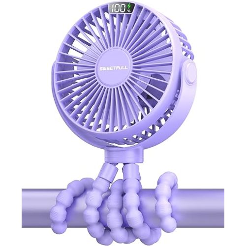 SWEETFULL Portable Stroller Fan, LED Display 6000mAh Battery Operated Mini Clip Fan, 4 Speed Rechargeable Small Personal Fan Handheld Desk Cooling Fan For Car Seat Crib Treadmill Travel - Purple